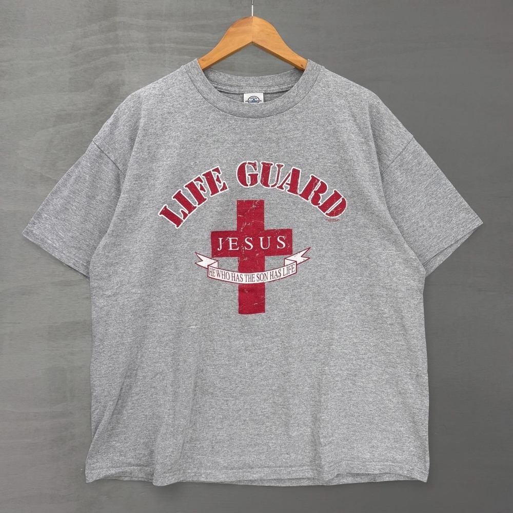 Vintage Life Guard Jesus Tee Shirt Gray Graphic Cross XL
